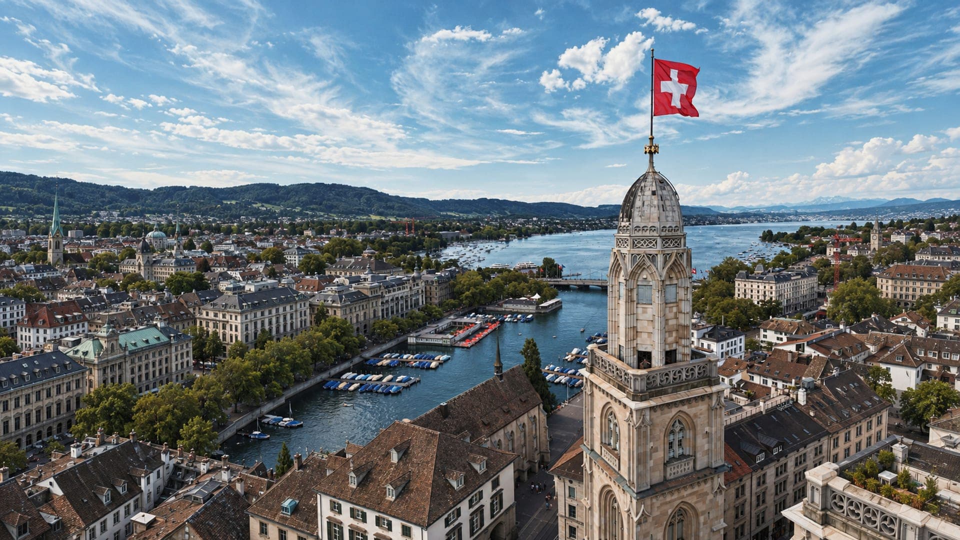 Zürich — Altstadt mit Schweizer Fahne über den Dächern